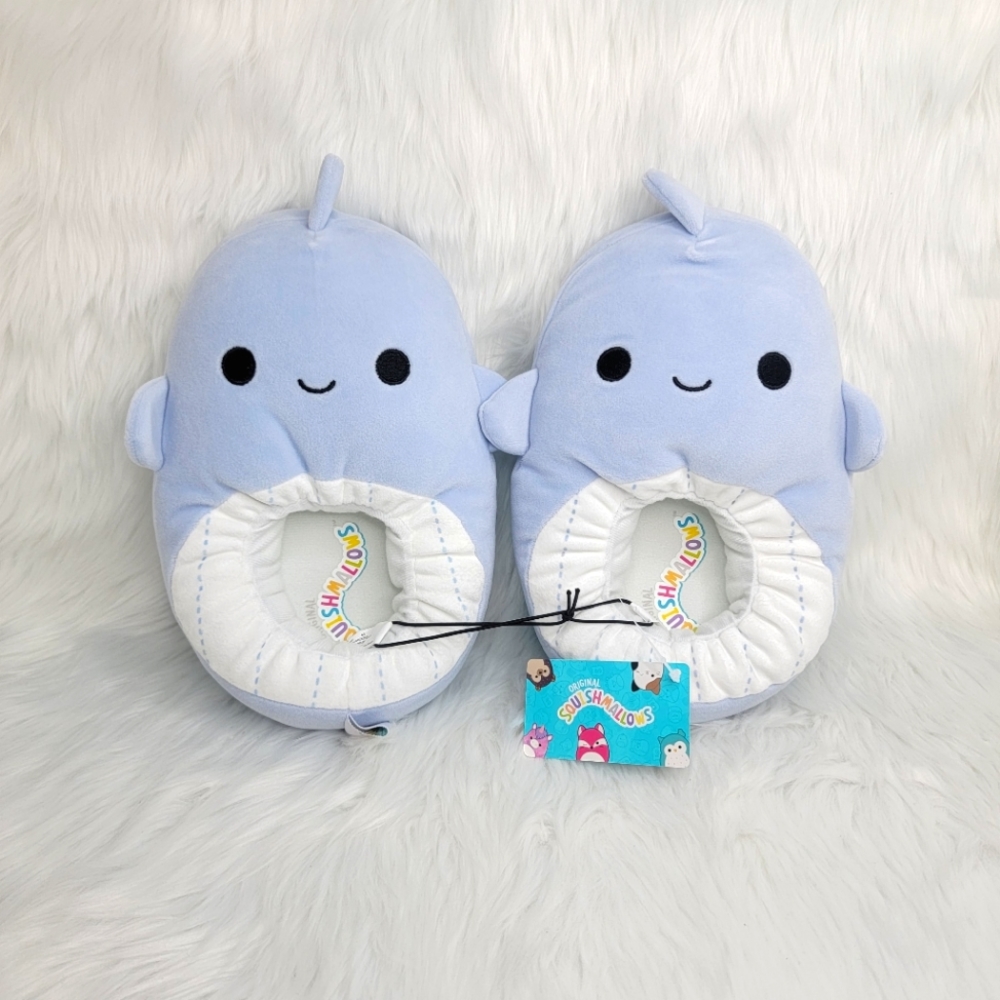 Squishmallows Samir the whale plush slippers.